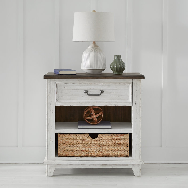 Chalita Bedside Chest w/ Open Shelf & Basket, 1 Drawer, & Built-In Charging Station