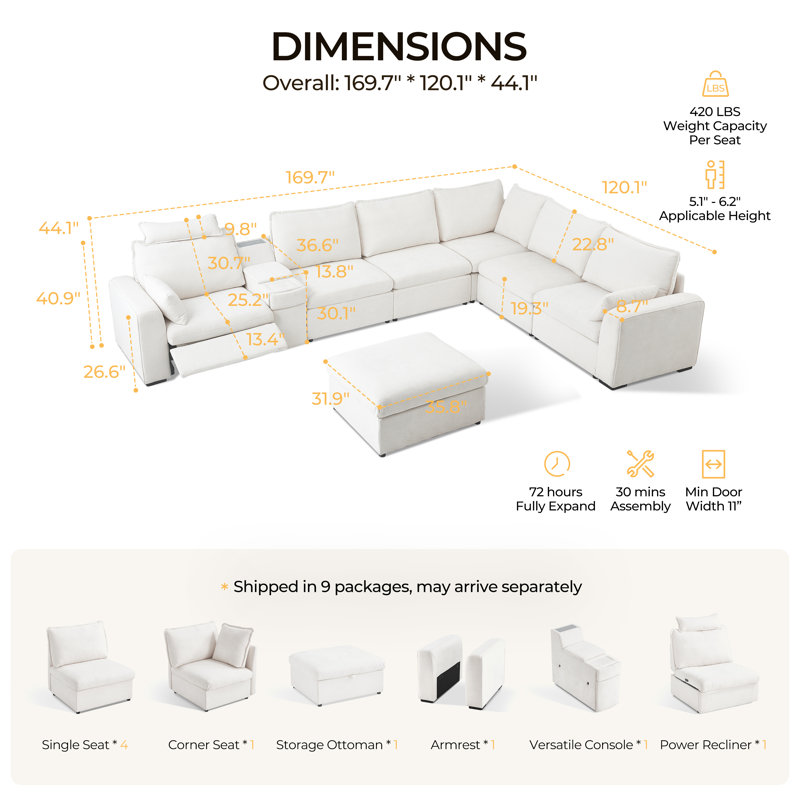 Canapé modulaire surdimensionné en chenille 6 places avec canapé inclinable inclinable électrique avec appui-tête et porte-gobelets en forme de L profond