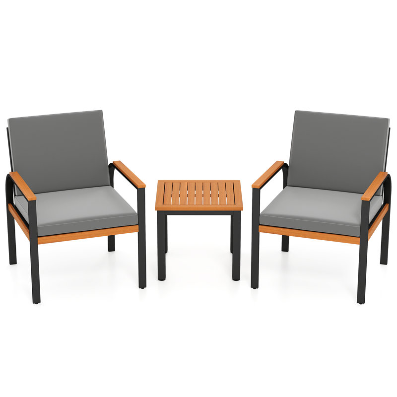 3 Pieces Patio Furniture Set Outdoor Bistro Conversation Set w/ Acacia Wood Side Table