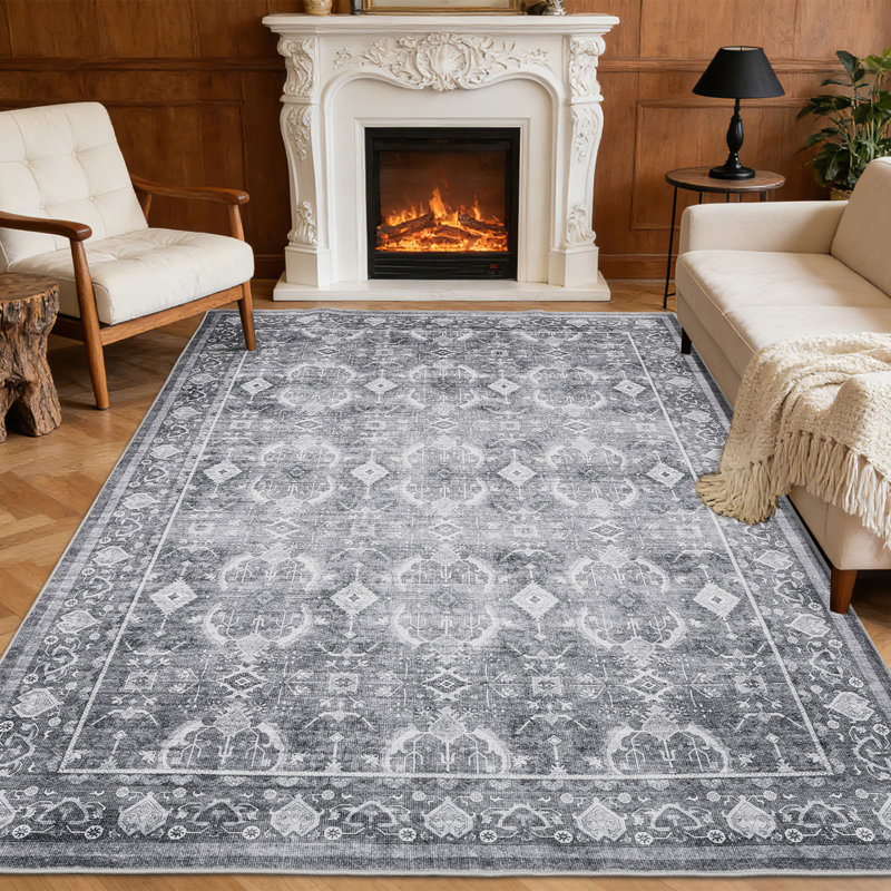 Area Rug, Washable Vintage Boho Rug, Low-Pile Non-Slip Stain Resistant Carpet for Living Room, Bedroom, Dining Room, Kids Nursery
