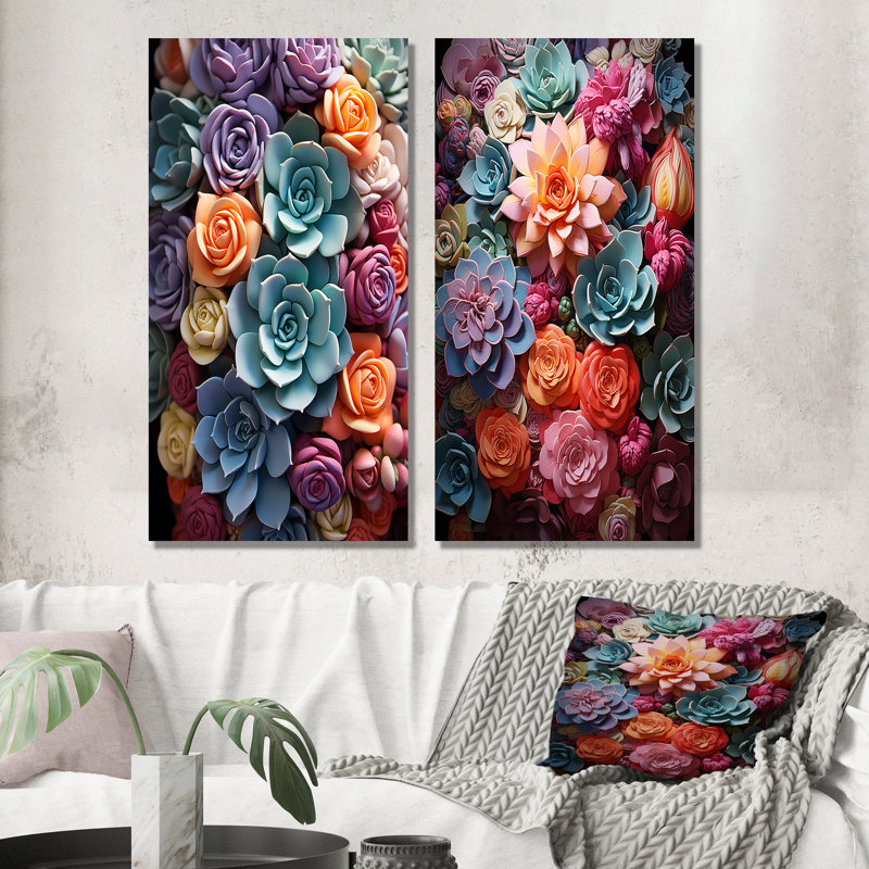 «Blue Yellow Succulents Succulent Delight», 2 pièces, H 40 po x l 40 po, Toile tendue