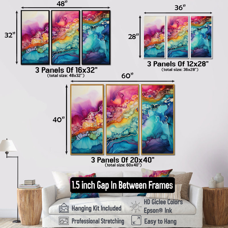 «Rainbow Teal» et «Alchohol Ink I», ensemble de toiles à formes abstraites, H 32 po x l 48 po x P 1 po, Encadrement argenté