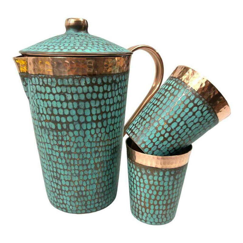 Handmade Turquoise and Copper Pitcher Set with Tumblers
