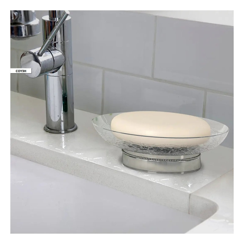 Porte-savon en verre gris acier avec base en métal pour comptoir de salle de bain et douche