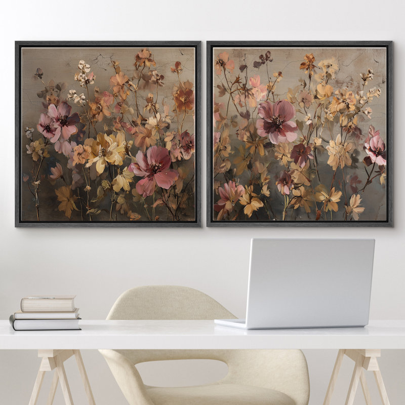 Muted Pastel Wildflower Meadow Floral Wall Decor Framed Master Bedroom Wall Art Work 2 Pieces Print, Black Floater Frame