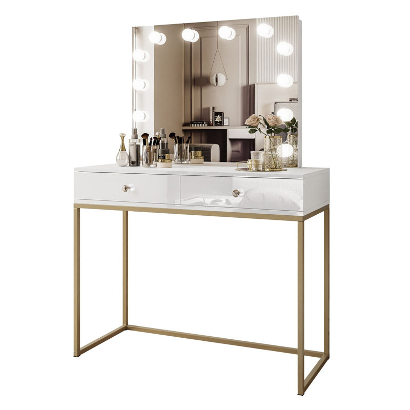 Anduena Dressing Table with Mirror, White High Gloss/Gold Matt