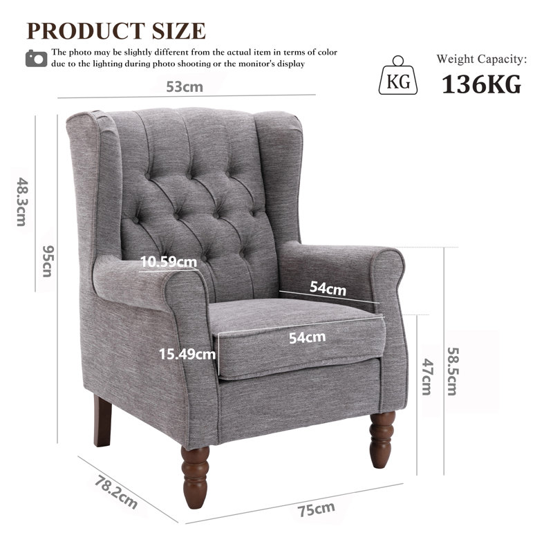 Button-Tufted Wingback Accent Chair - Solid Wood Legs with Rolled Arm &Thick Padded Cushion, Grey Polyester, Brown