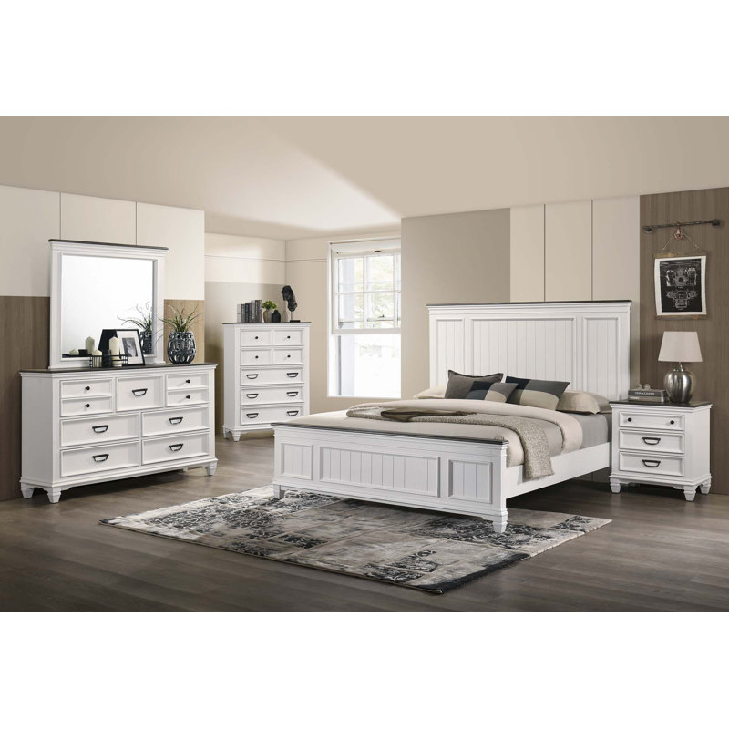 Ensemble de chambre à coucher, Lit, deux tables de chevet, commodes, miroir de co, Grand