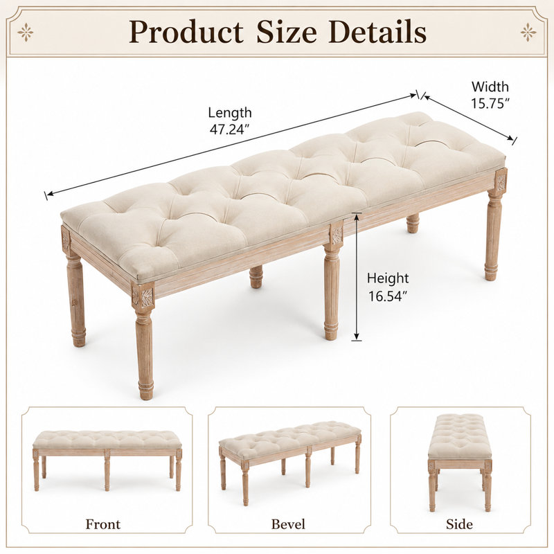 Banc de chambre rembourré French Vintage, 16.54" H x 47.24" L x 15.75" D, Cream