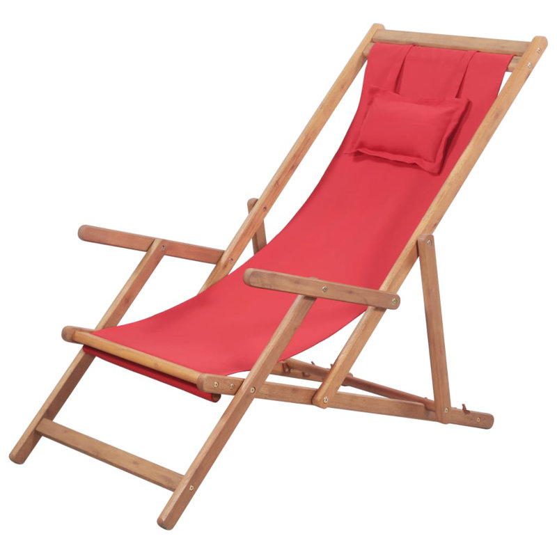 Beach Sling Patio Chair Folding Deck Chair Fabric and Wooden Frame, Red