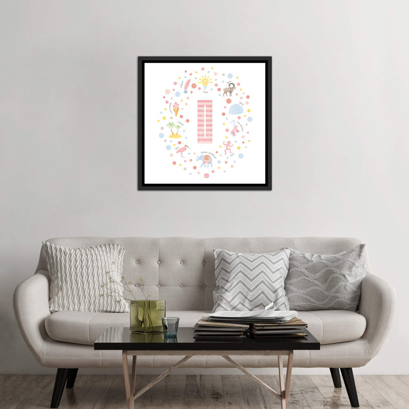 Lettre illustrée I rose - impression, H 37 po x l 37 po x P 1,5 po, Toile avec cadre noir patiné, Pas de tapis