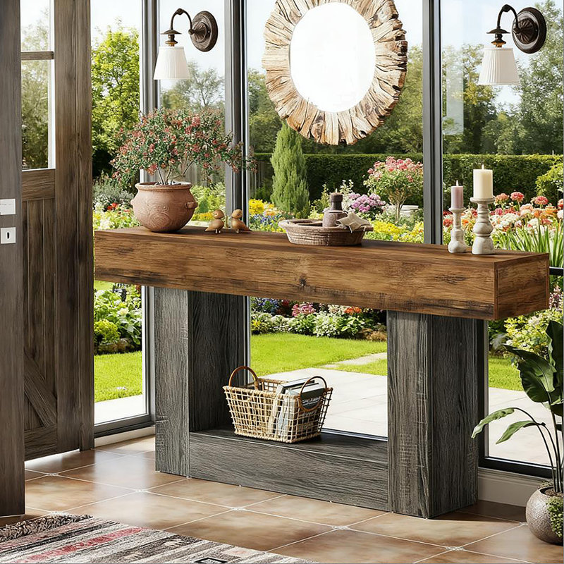 Console rustique en bois avec base en forme de U, canapé étroit pour la décoration du salon et du vestibule