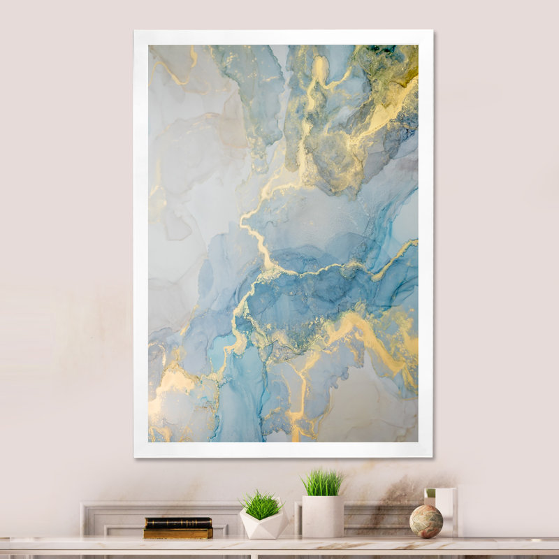 «Luxury Turquoise Grey Marbré Flow Art», reproduction sur toile, H 20 po x l 12 po x P 1 po, Toile avec cadre blanc