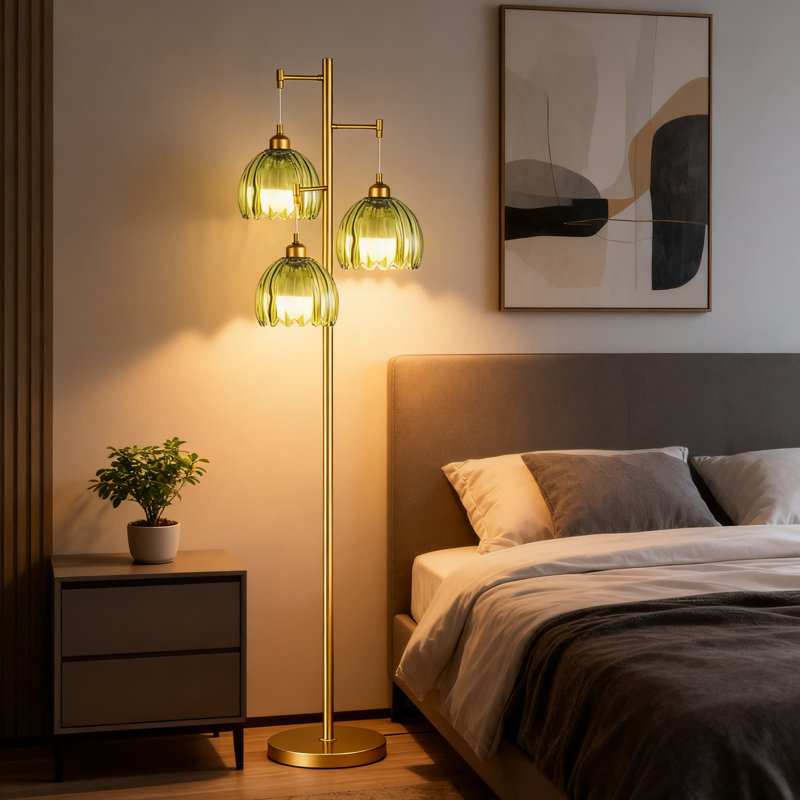 3-Light Tree Floor Lamp With Green Glass Shades, Rustic Gold Finish Tall Standing Lamp For Living Room, Bedroom, Office, And Corner Decor