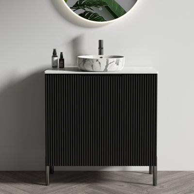 Meuble-lavabo autoportant de 30 po avec lavabo, grand meuble-lavabo autoportant pour salle de bain moderne, lavabo monobloc blanc Carrara sans drain ni robinet, KD