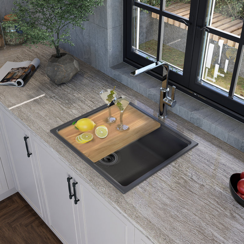 Nantucket Sinks 22 Inch  Dualmount Granite Composite Prep-Station with Side Set Drain, Titanium
