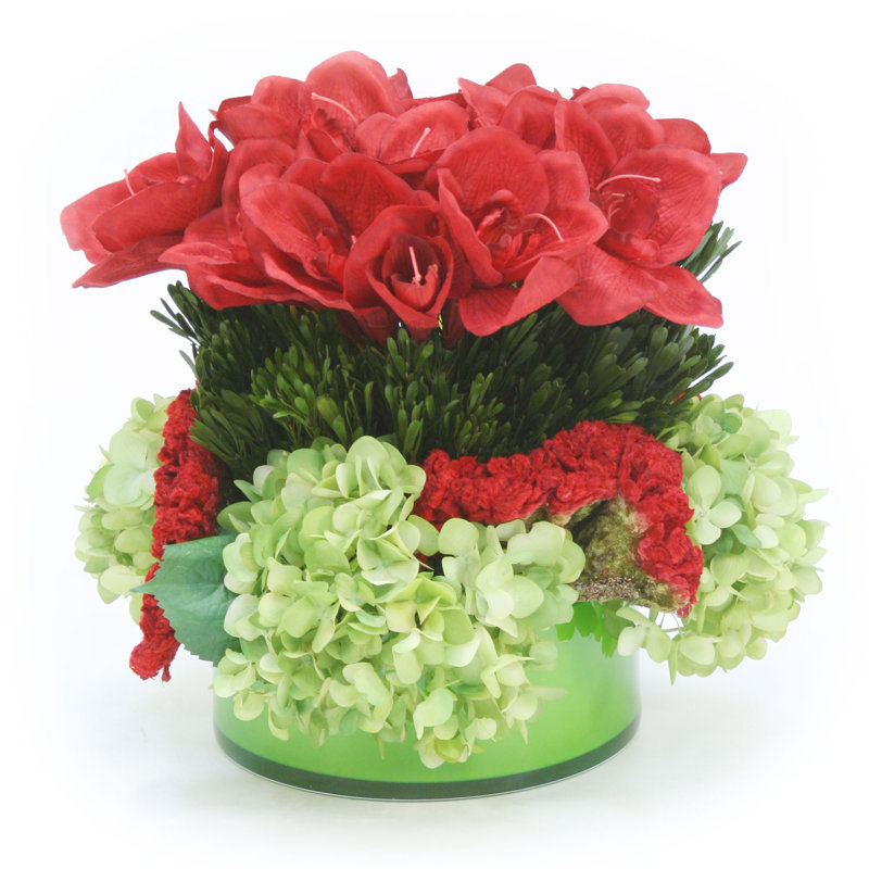 Amaryllis rouge avec un bol en verre vert à motif d’hortensias verts et Celosia