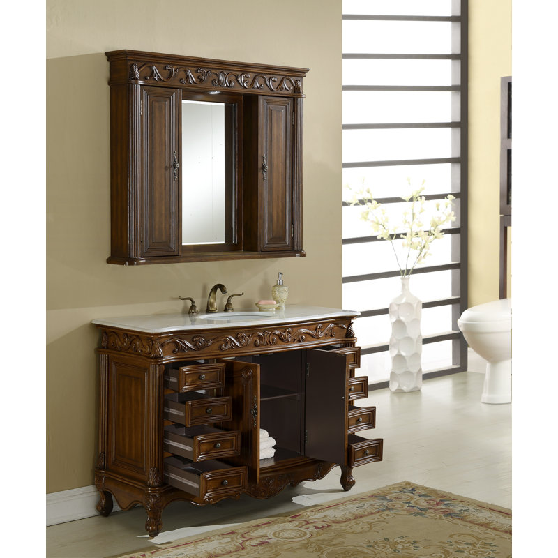 48'' Single Bathroom Vanity with Top, Teak, White Marble