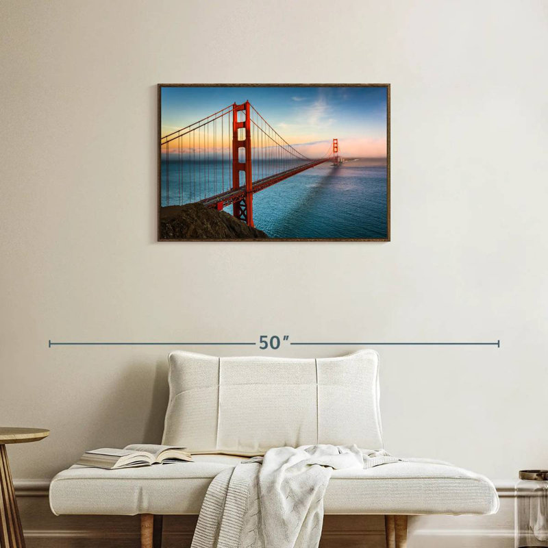 Golden Gate, lever de soleil sur l'océan, 31 po x 21 po, Cadre flottant noyer
