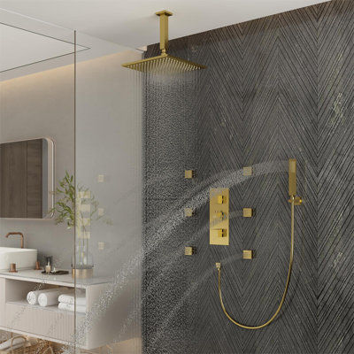 3-Function Luxury Ceiling Mount 12 Inch LED Thermostatic Shower System with 6 Body Jets