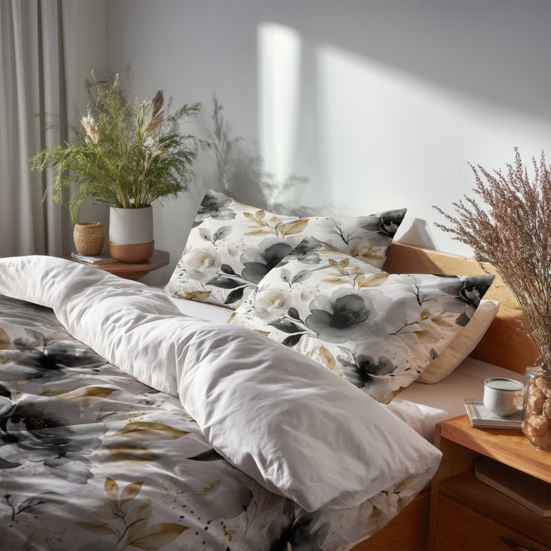 Ensemble de literie Country Farmhouse 3 pièces - Ensemble de housse de couette à motif floral noir Whisper