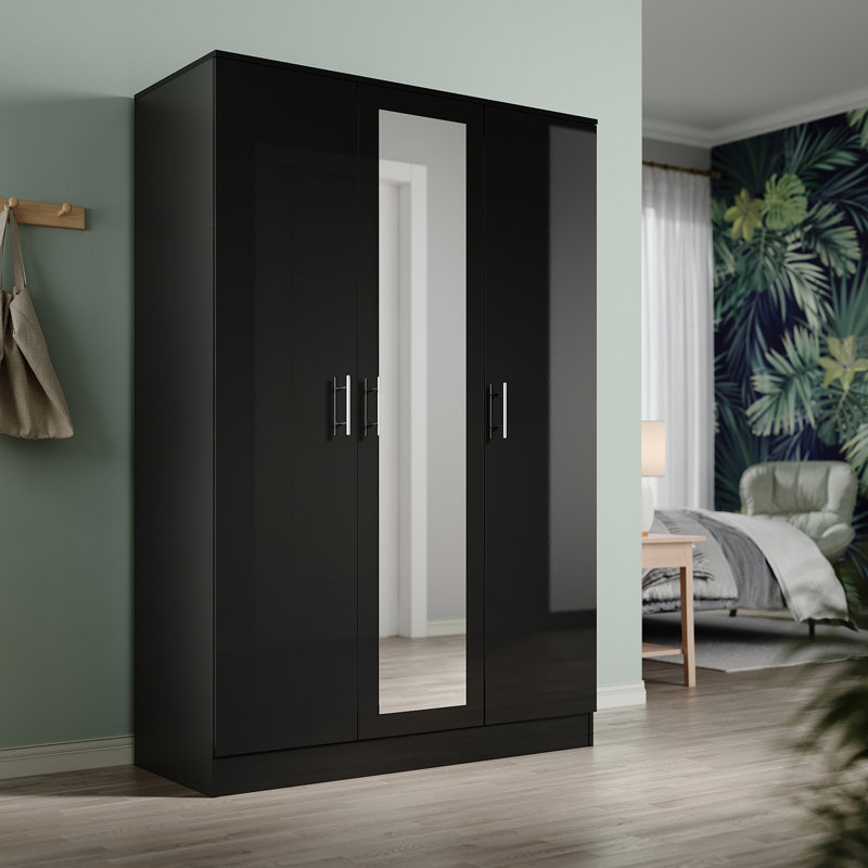 Modern Multi-Door Wardrobe with Mirror and Multi-Level Storage, Black