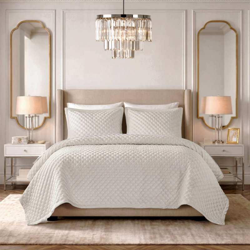 Ensemble de mini-couvre-lit 3 pièces grand velours, blanc, Queen Coverlet + 2 Shams, Blanc