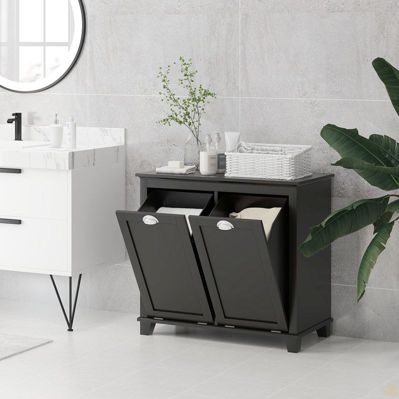 Dual Tilt out Laundry Hamper Cabinet, Bathroom Storage Cabinet with 2-Compartment Hamper, Modern  Floor Cabinet