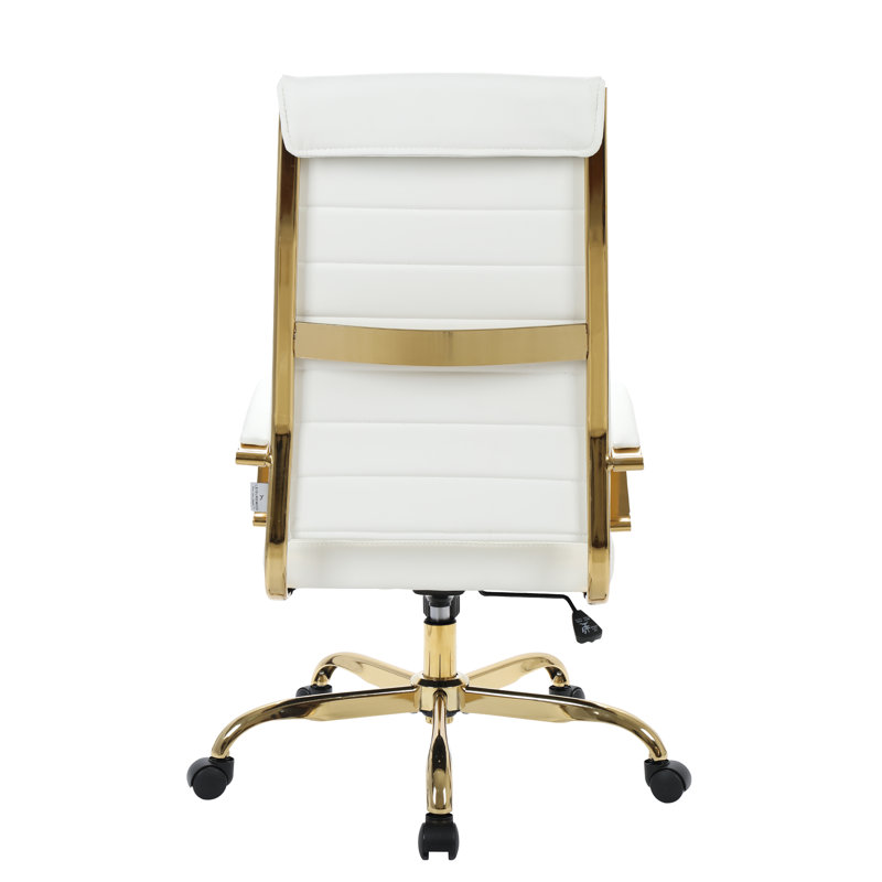 Mid-Century High-Back Swivel Office Chair in White Leather