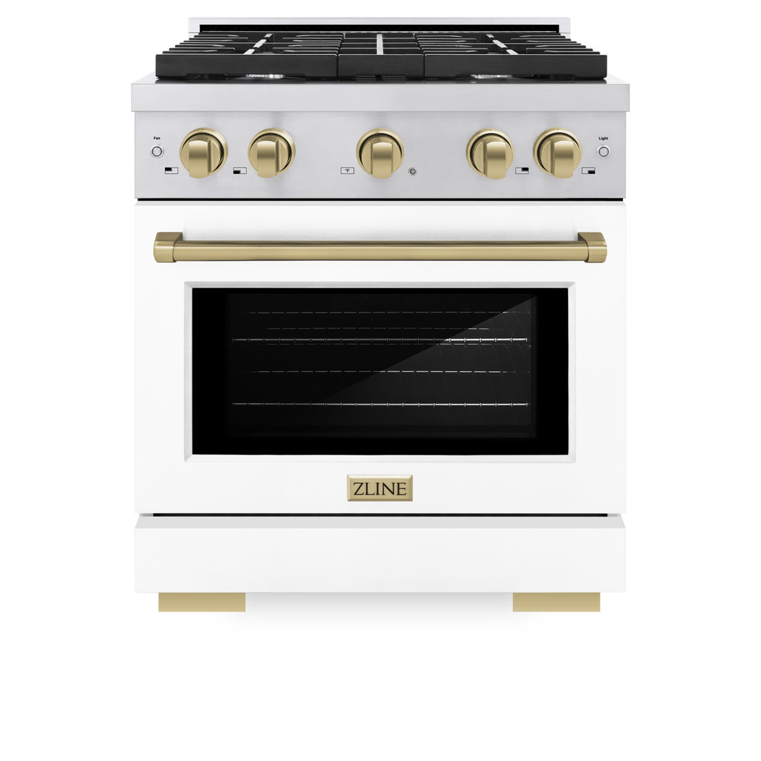 ZLINE Autograph Edition 30 in. 4.2 cu. ft. Paramount Gas Range W/ 4 Burner Cooktop & Convection Gas Oven in Stainless Steel W/ White Matte Door & Champagne Bronze Accents (SGRZ-WM-30-CB) ZLINE