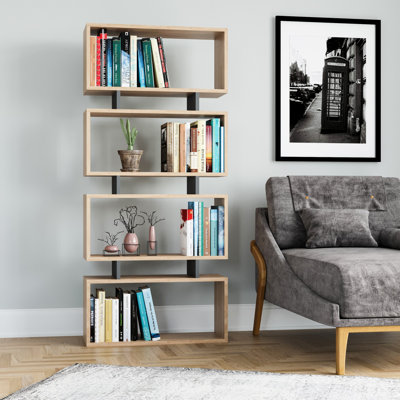 Modern Oak & Anthracite Bookshelf, 28.5 x 9.8 x 63.4 Inches | 100% Melamine Coated Particle Board, Thickness: 0.7 Inches | Numerous Shelves, Wall-Mountable, Elegant & Functional Design for Home or Office Spaces