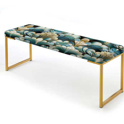 1970S Emerald And White Damask Art Deco - Vintage Upholstered Gold Bench