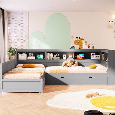 L-shaped Twin Size Wood Platform Bed In Grey With Trundle, Drawer, 5 Storage Shelves And Charging Station 2 Standard Plug Outlets, 1 Type-c Port For Eclectic Bedrooms