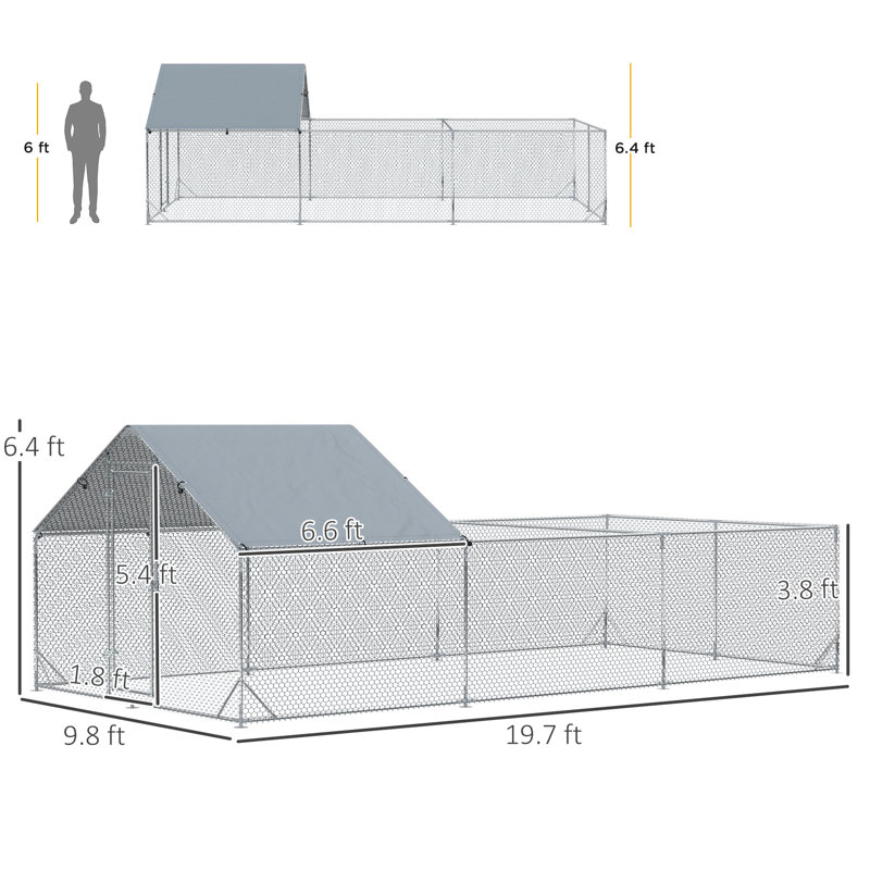 Spacious Chicken Coop With Lockable Door & Galvanized Steel Frame, Waterproof , 9.8' X 19.7' 6.4 Metal Run Coop, Waterproof, Cage For Chickens, Ducks, Rabbits,