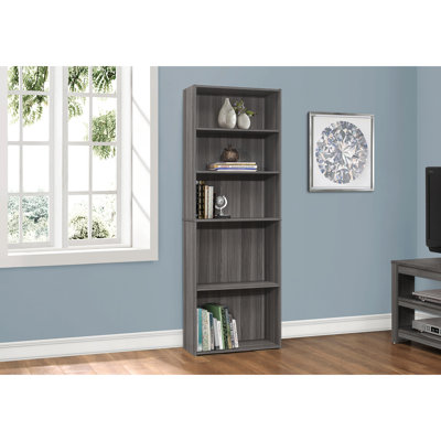 Bibliothèque à 6 niveaux en stratifié gris, H 72 po, pour le bureau et la chambre à coucher, design transitionnel, 3 tablettes réglables, 2 tablettes fixes fixes, quincaillerie à basculement supplémentaire, régularité de chambre à coucher,