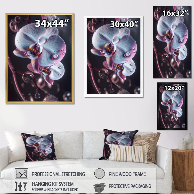 Rosée du matin sur orchidée blanche I, Cadre naturel flottant, 32" H x 24" W