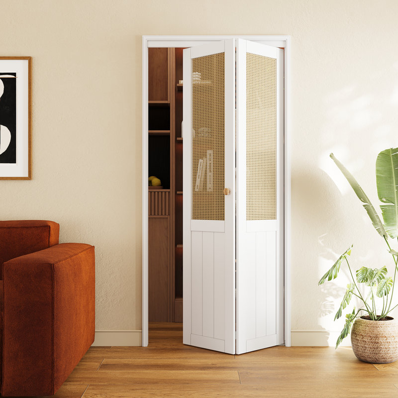 Portes pliantes pliantes 30 po x 80 po en bois manufacturé massif et imitation rotin blanc avec trousse de quincaillerie
