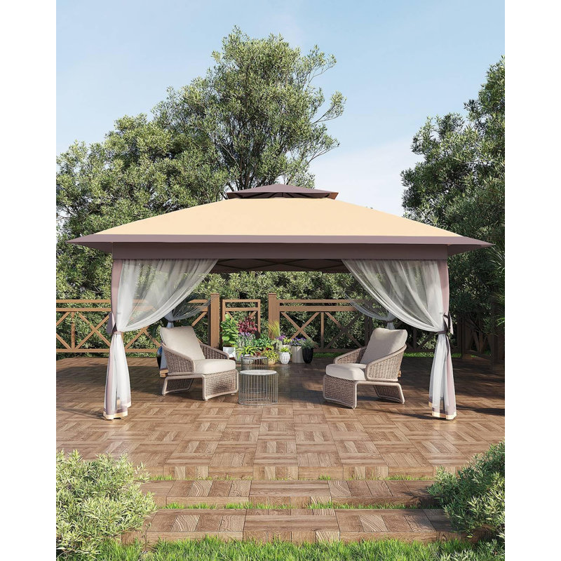 12' X12' Pop Up Gazebo, Canopy Tent With Mosquito Netting, One Push Setup, Tan