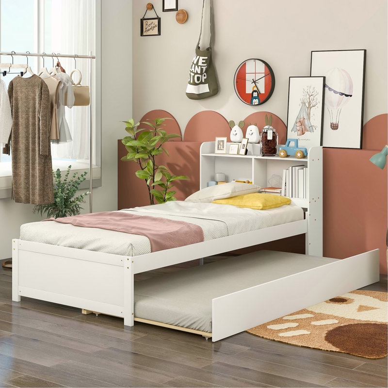 Lit simple avec lit gigogne, bibliothèque, blanc, 36.7" H x 41.74" W x 85.04" D, White