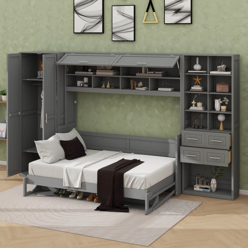 Armoire murale escamotable en bois avec armoire intégrée, tiroir et étagère ouverte, Gris, Grand lit