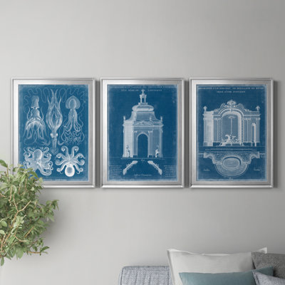 Marine Blueprint V - ensemble de 3 peintures sur toile encadrées