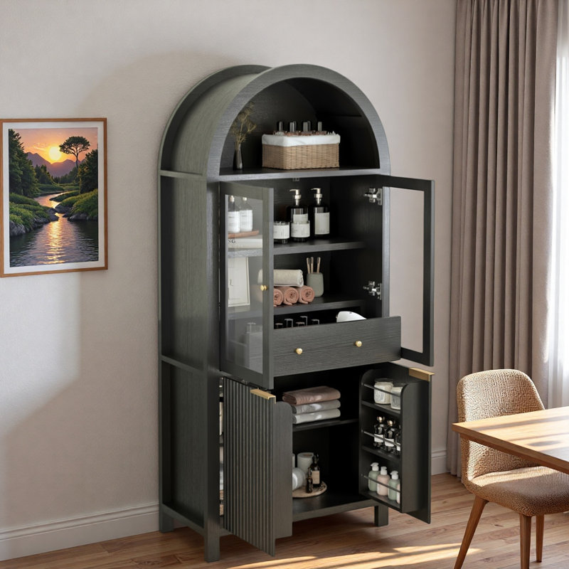 Grand garde-manger arqué cannelé avec tablettes réglables, rangement élégant avec tiroir caché et porte vitrée pour la cuisine, le salon, la salle à manger