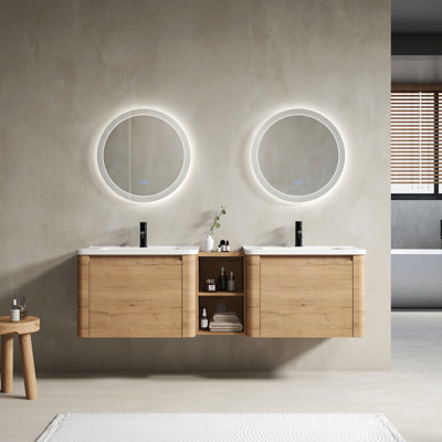 68'' Wall-Mounted Bathroom Vanity With Ceramic Sink And Storage Shelves & 1-Soft-Close Door