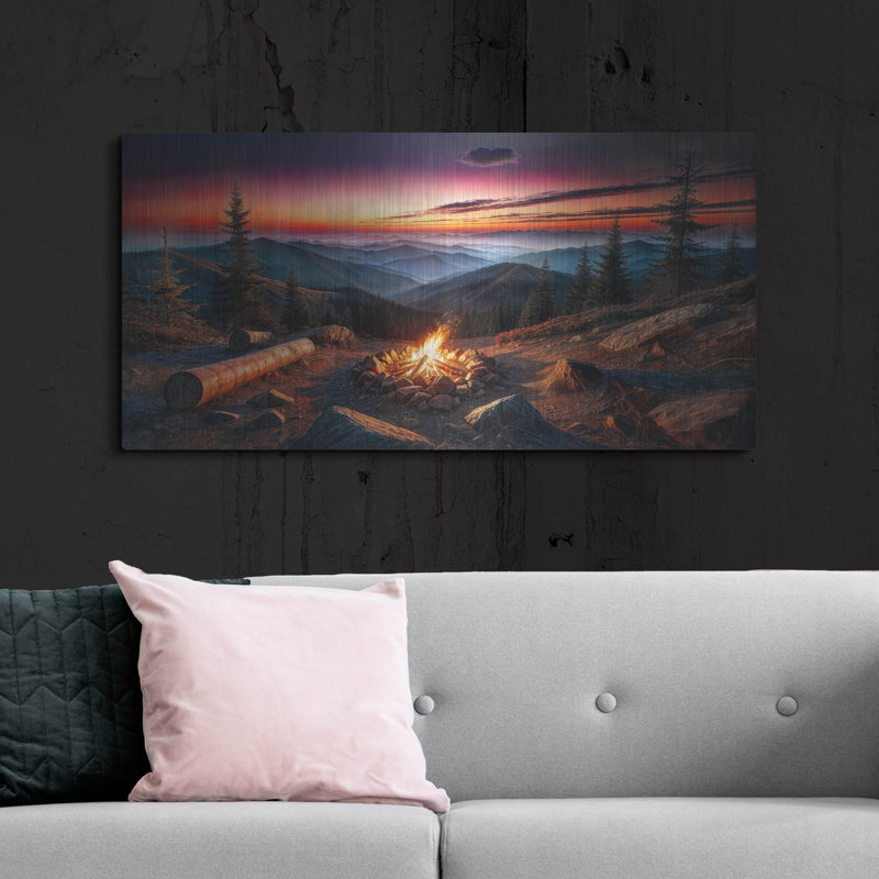  «Campfire In Mountains At Sunset» par Rey Klimt, art mural en métal