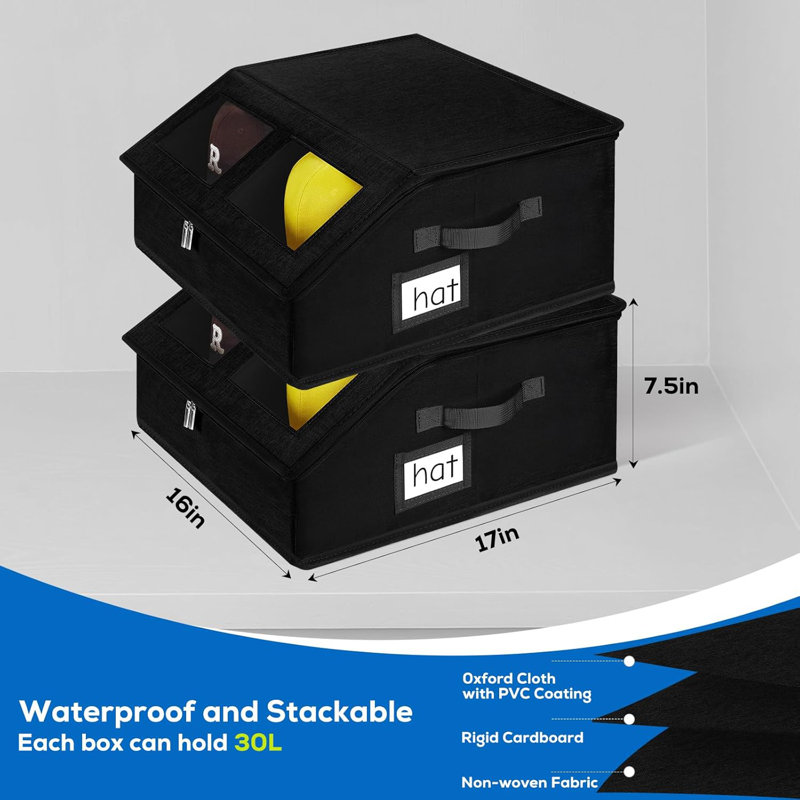 Ensemble de 2 casiers de rangement pour casquettes de baseball pouvant contenir jusqu'à 48 casquettes, organisateur de casiers pour casiers avec boîte en carton empilable, organisateur de casquettes de baseball anti-poussière avec 2 poignées pour le voyage à domicile (noir, paquet de 2)