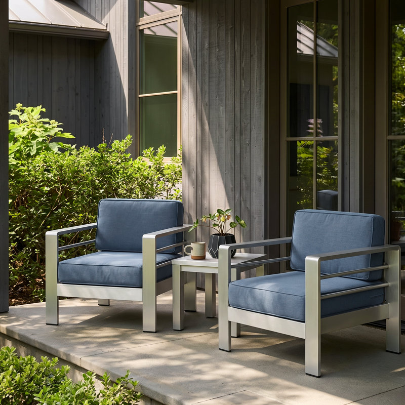 Caggiano Patio Aluminum Chair with Cushions, Blue, Silver