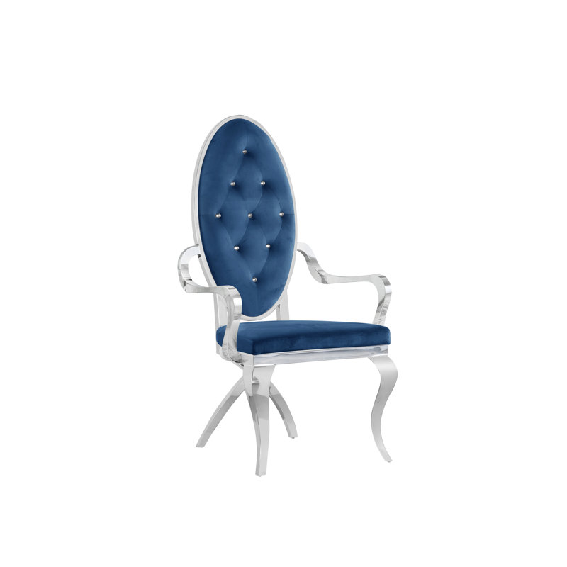 Fauteuil capitonné en velours King Louis, Argent, Velours bleu marine