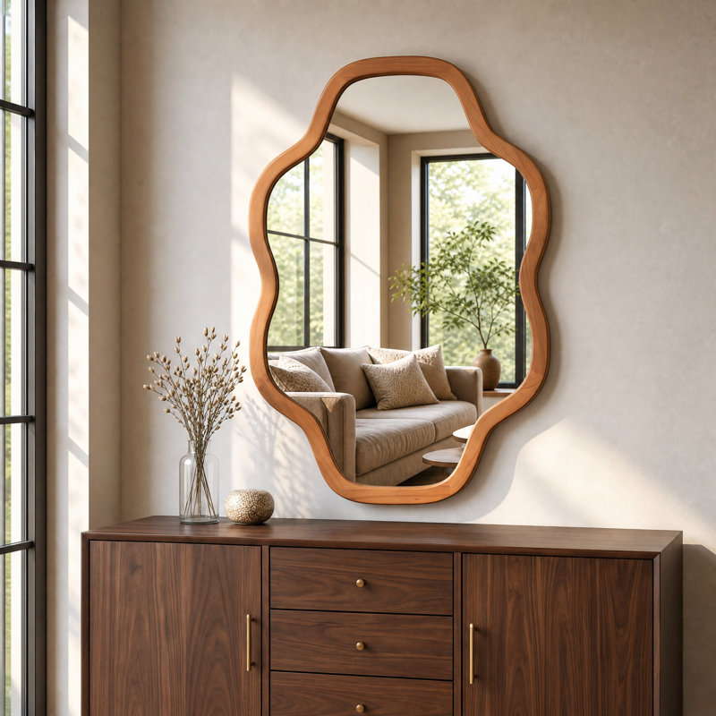 Miroir mural en bois massif Cloud, Bois jaune moyen