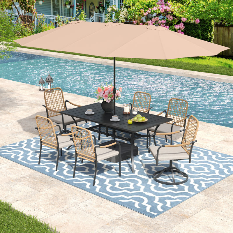 Ensemble repas d'extérieur rectangulaire pour 6 personnes avec parasol et sièges mixtes, Beige