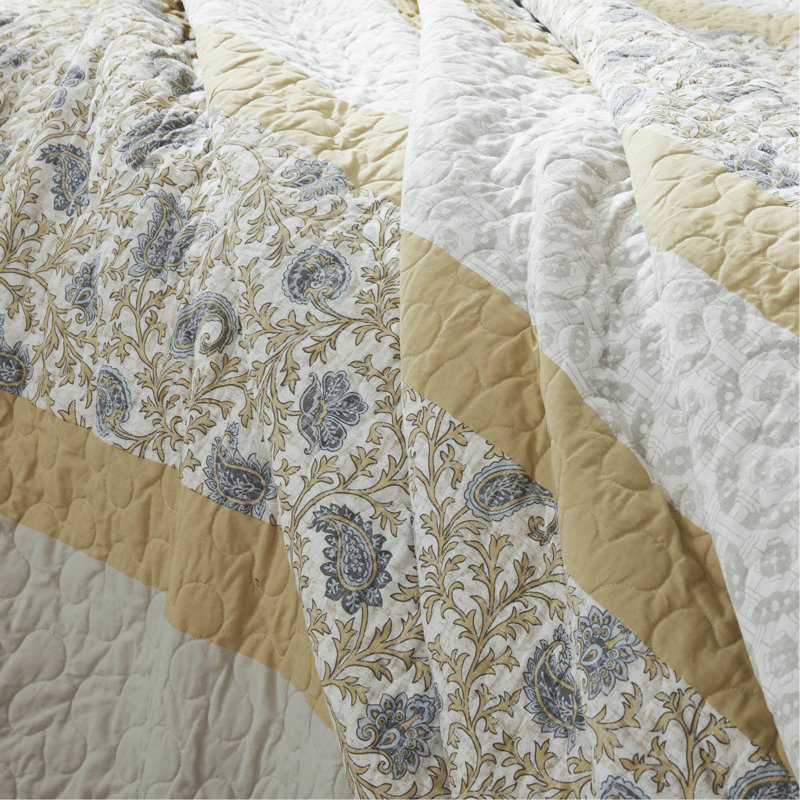 Ensemble de courtepointe en percale de coton 6 pièces avec coussins décoratifs jaune double / grand, Rayé jaune